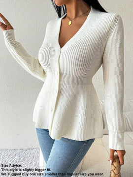 Lune cardigan elegante de mujer con cuello en v, cintura cenida y volantes en el bajo