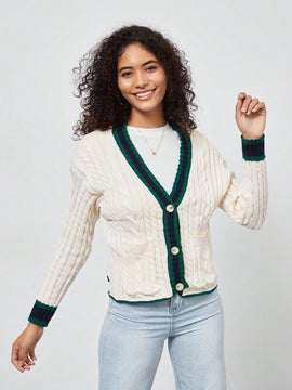 Chaqueta de mujer elegante casual y versatil con cuello en v de punto retorcido y manga larga