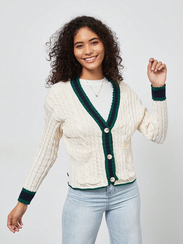 Chaqueta de mujer elegante casual y versatil con cuello en v de punto retorcido y manga larga
