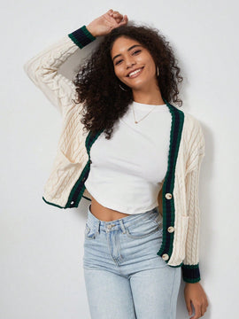 Chaqueta de mujer elegante casual y versatil con cuello en v de punto retorcido y manga larga