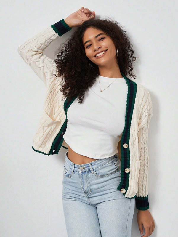 Chaqueta de mujer elegante casual y versatil con cuello en v de punto retorcido y manga larga