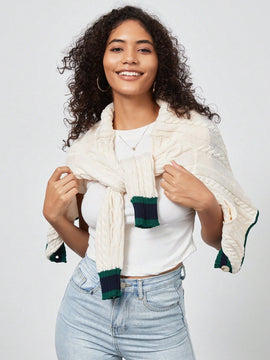 Chaqueta de mujer elegante casual y versatil con cuello en v de punto retorcido y manga larga