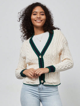 Chaqueta de mujer elegante casual y versatil con cuello en v de punto retorcido y manga larga