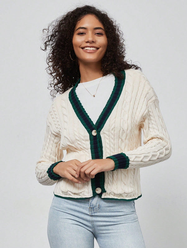 Chaqueta de mujer elegante casual y versatil con cuello en v de punto retorcido y manga larga