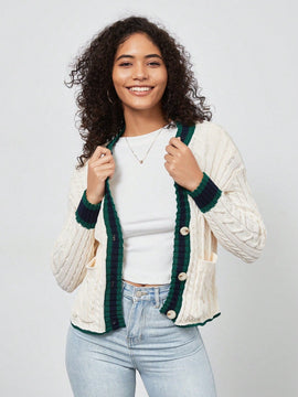 Chaqueta de mujer elegante casual y versatil con cuello en v de punto retorcido y manga larga