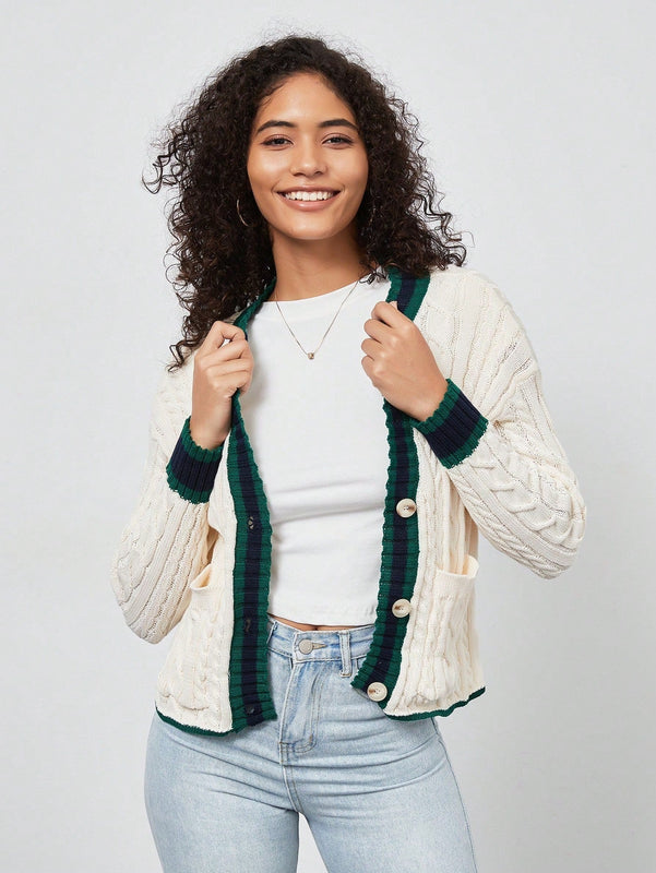 Chaqueta de mujer elegante casual y versatil con cuello en v de punto retorcido y manga larga