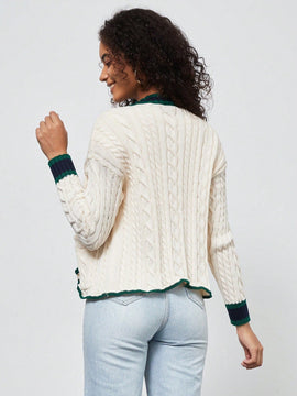 Chaqueta de mujer elegante casual y versatil con cuello en v de punto retorcido y manga larga