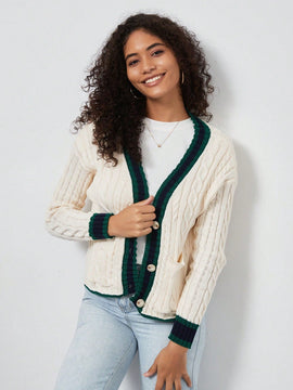 Chaqueta de mujer elegante casual y versatil con cuello en v de punto retorcido y manga larga