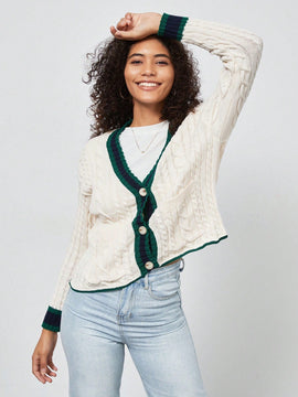Chaqueta de mujer elegante casual y versatil con cuello en v de punto retorcido y manga larga