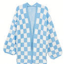 Cardigan de manga larga con estampado de cuadros, cardigan de punto de manga larga con bloqueo de color y estampado de cuadros para mujer