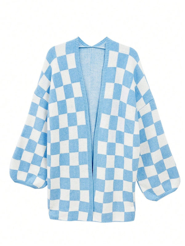 Cardigan de manga larga con estampado de cuadros, cardigan de punto de manga larga con bloqueo de color y estampado de cuadros para mujer