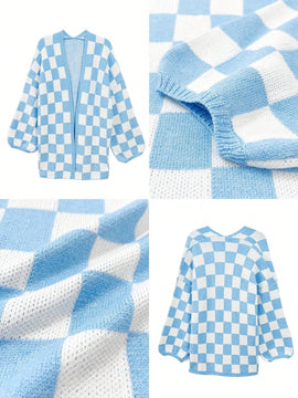Cardigan de manga larga con estampado de cuadros, cardigan de punto de manga larga con bloqueo de color y estampado de cuadros para mujer