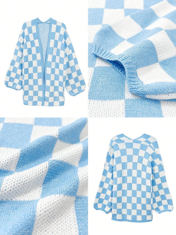 Cardigan de manga larga con estampado de cuadros, cardigan de punto de manga larga con bloqueo de color y estampado de cuadros para mujer