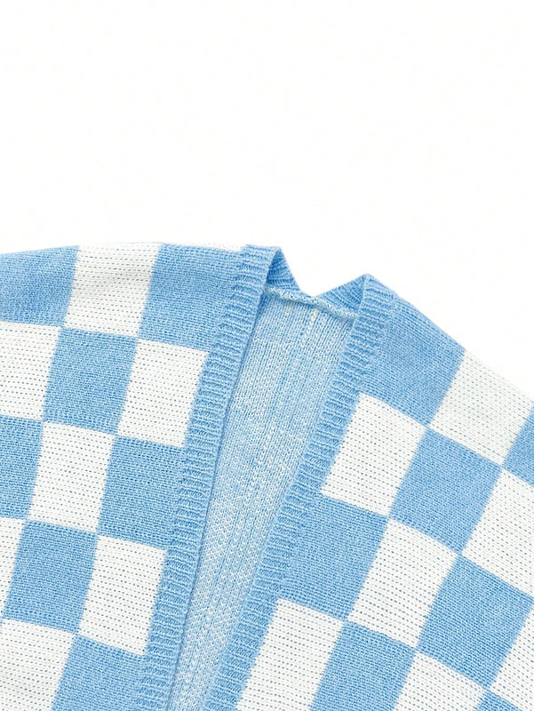 Cardigan de manga larga con estampado de cuadros, cardigan de punto de manga larga con bloqueo de color y estampado de cuadros para mujer