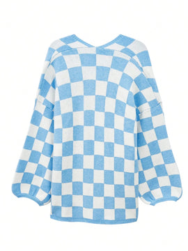 Cardigan de manga larga con estampado de cuadros, cardigan de punto de manga larga con bloqueo de color y estampado de cuadros para mujer