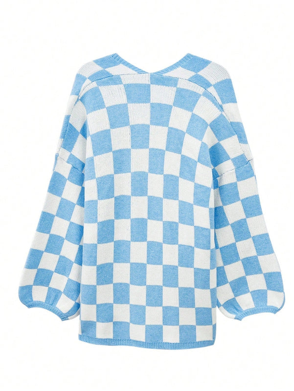 Cardigan de manga larga con estampado de cuadros, cardigan de punto de manga larga con bloqueo de color y estampado de cuadros para mujer