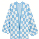 Cardigan de manga larga con estampado de cuadros, cardigan de punto de manga larga con bloqueo de color y estampado de cuadros para mujer