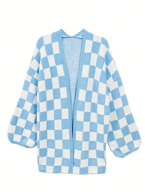 Cardigan de manga larga con estampado de cuadros, cardigan de punto de manga larga con bloqueo de color y estampado de cuadros para mujer