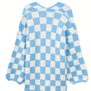 Cardigan de manga larga con estampado de cuadros, cardigan de punto de manga larga con bloqueo de color y estampado de cuadros para mujer