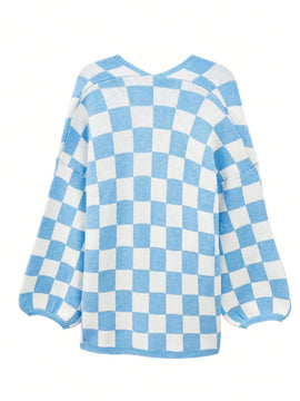 Cardigan de manga larga con estampado de cuadros, cardigan de punto de manga larga con bloqueo de color y estampado de cuadros para mujer