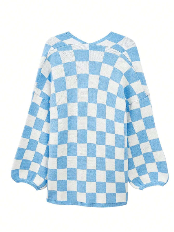 Cardigan de manga larga con estampado de cuadros, cardigan de punto de manga larga con bloqueo de color y estampado de cuadros para mujer