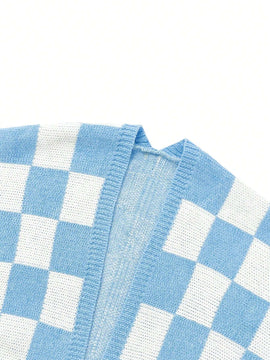 Cardigan de manga larga con estampado de cuadros, cardigan de punto de manga larga con bloqueo de color y estampado de cuadros para mujer
