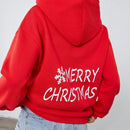 Sudadera con capucha, cordon y estampado grafico "feliz navidad" de moda minimalista en color rojo festivo para mujer, calida para otono/invierno