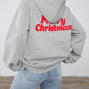 Sudadera con capucha, cordon y estampado grafico "feliz navidad" de moda minimalista en color rojo festivo para mujer, calida para otono/invierno