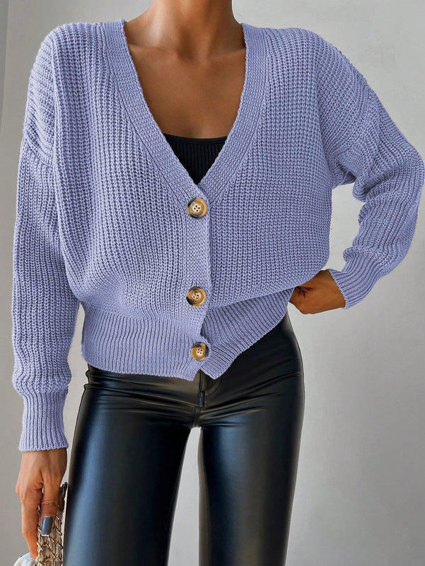 Cardigan casual de un solo botonadura de mangas largas y hombros caidos de unicolor para mujer, otono/invierno