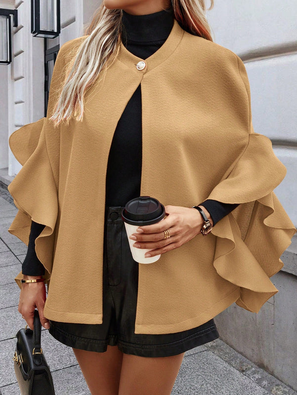 Clasi abrigo de lana elegante con cuello vuelto y abotonadura sencilla, en unicolor, para mujer, para otono/invierno