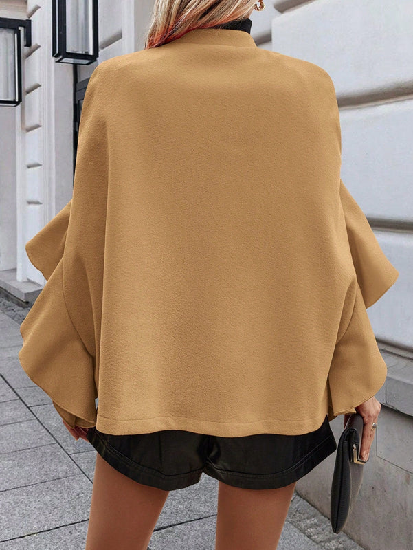 Clasi 1 pieza abrigo elegante de lana con un solo abotonadura, bajo con volantes y unicolor para mujer, otono/invierno