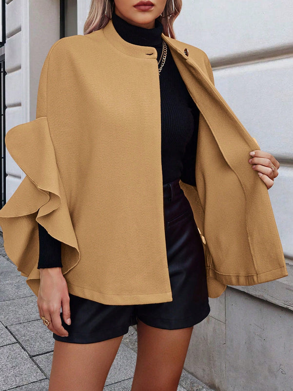 Clasi abrigo de lana elegante con cuello vuelto y abotonadura sencilla, en unicolor, para mujer, para otono/invierno