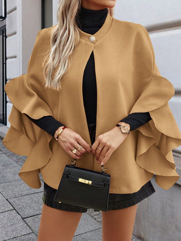 Clasi abrigo de lana elegante con cuello vuelto y abotonadura sencilla, en unicolor, para mujer, para otono/invierno