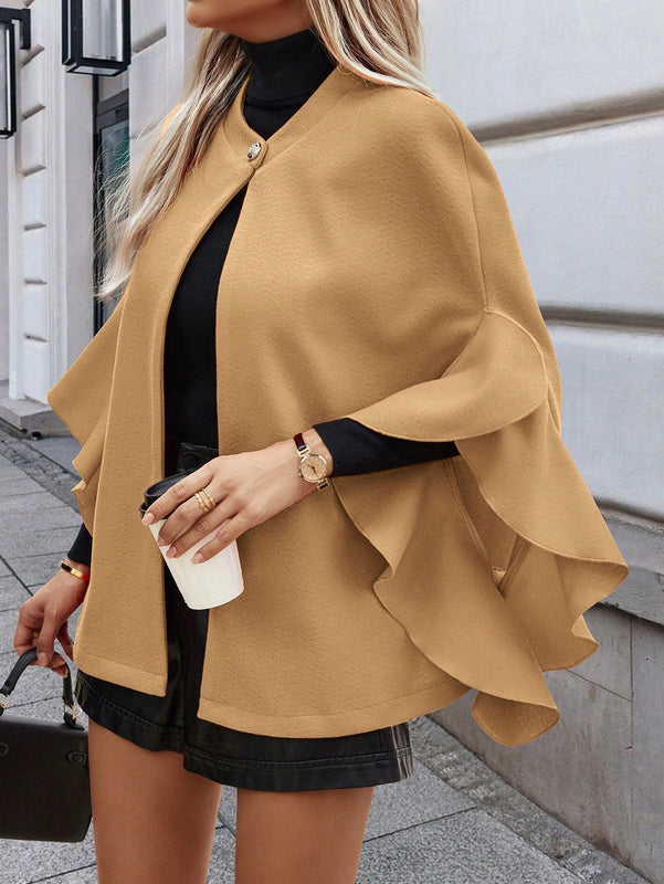 Clasi abrigo de lana elegante con cuello vuelto y abotonadura sencilla, en unicolor, para mujer, para otono/invierno