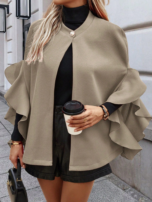 Clasi abrigo de lana elegante con cuello vuelto y abotonadura sencilla, en unicolor, para mujer, para otono/invierno
