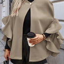 Clasi 1 pieza abrigo elegante de lana con un solo abotonadura, bajo con volantes y unicolor para mujer, otono/invierno