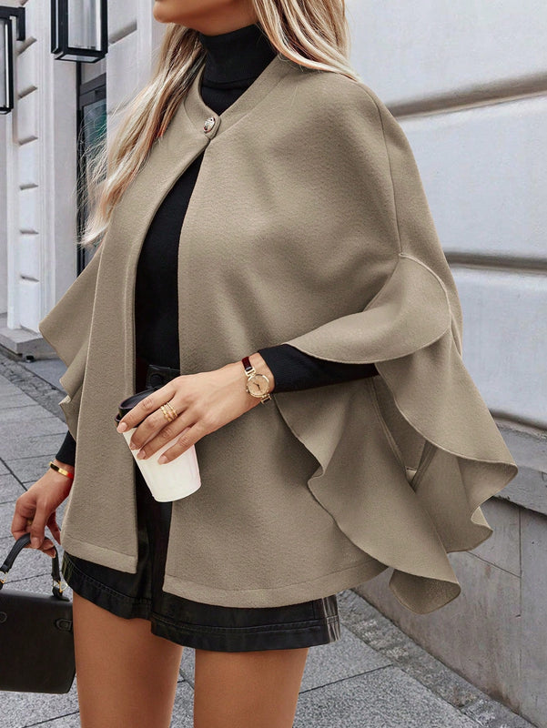 Clasi 1 pieza abrigo elegante de lana con un solo abotonadura, bajo con volantes y unicolor para mujer, otono/invierno