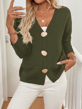 Lune cardigan de punto de manga larga con cuello en v y botones frontales, de corte casual