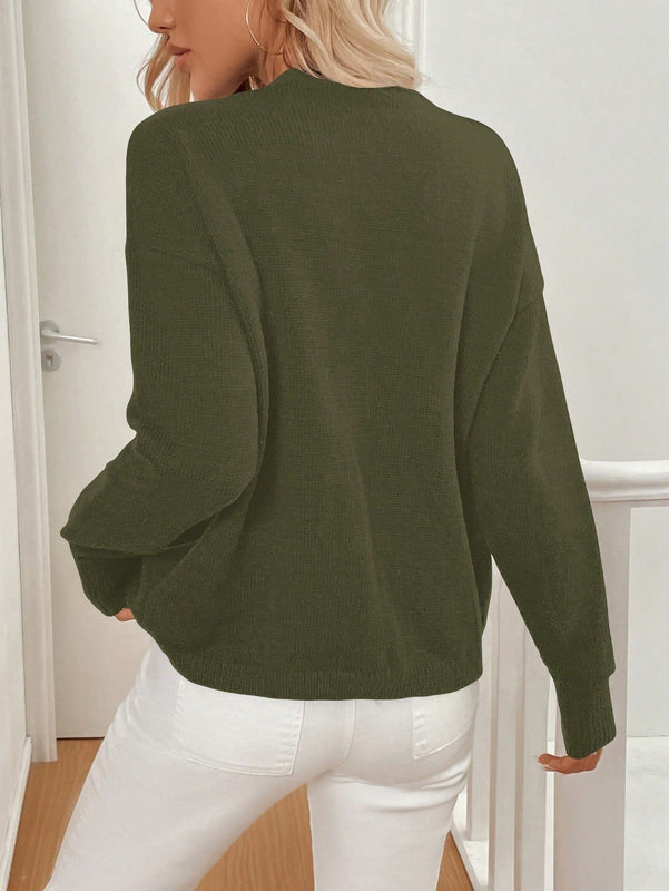 Lune cardigan casual de una sola botonadura de manga larga con caida en los hombros, de color liso, para otono/invierno, para mujer