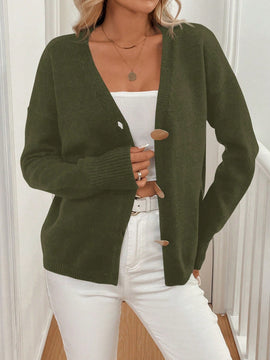Lune cardigan casual de una sola botonadura de manga larga con caida en los hombros, de color liso, para otono/invierno, para mujer