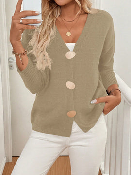 Lune cardigan de punto de manga larga con cuello en v y botones frontales, de corte casual