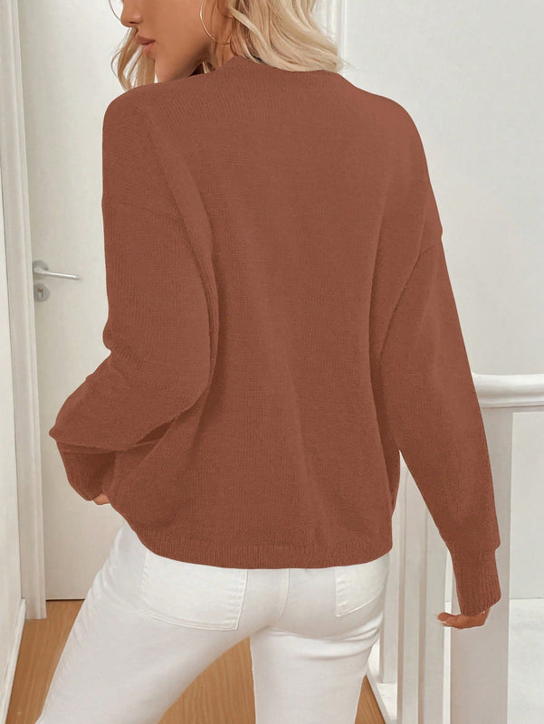 Lune cardigan casual de una sola botonadura de manga larga con caida en los hombros, de color liso, para otono/invierno, para mujer