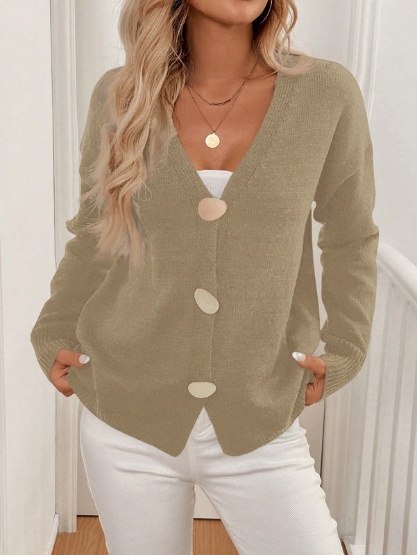 Lune cardigan de punto de manga larga con cuello en v y botones frontales, de corte casual