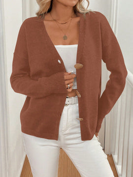 Lune cardigan casual de una sola botonadura de manga larga con caida en los hombros, de color liso, para otono/invierno, para mujer