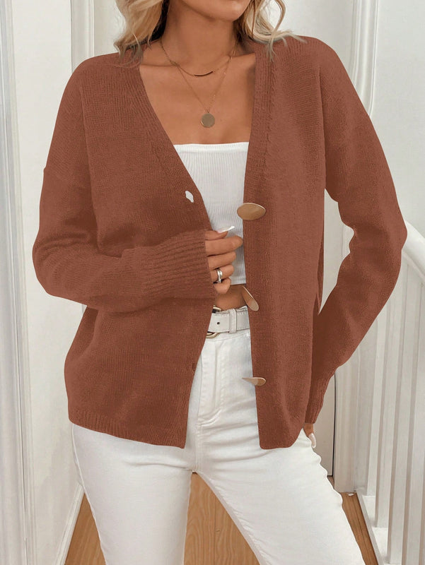 Lune cardigan casual de mujer de un solo botonadura, de manga larga y hombros caidos, en unicolor, para otono/invierno