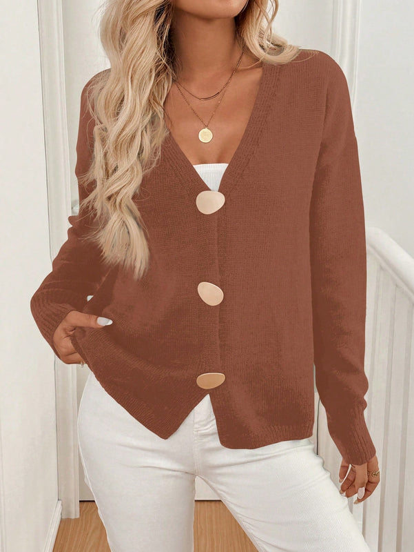 Lune cardigan casual de una sola botonadura de manga larga con caida en los hombros, de color liso, para otono/invierno, para mujer