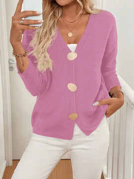 Lune cardigan de punto de manga larga con cuello en v y botones frontales, de corte casual