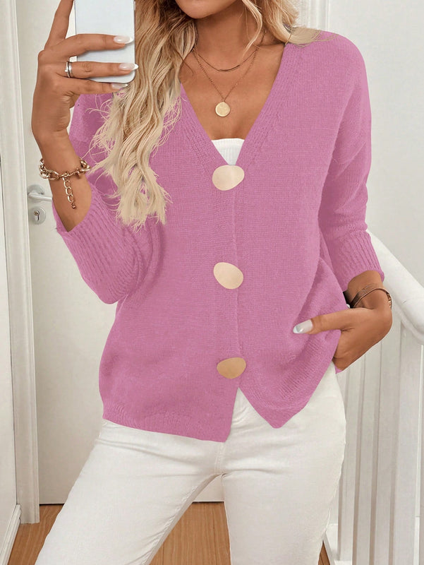 Lune cardigan de punto de manga larga con cuello en v y botones frontales, de corte casual