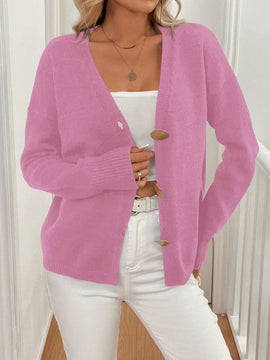 Lune cardigan de punto de manga larga con cuello en v y botones frontales, de corte casual
