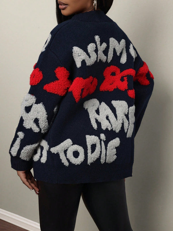 Slayr cardigan de punto con bloque de color y letras de estilo minimalista y casual